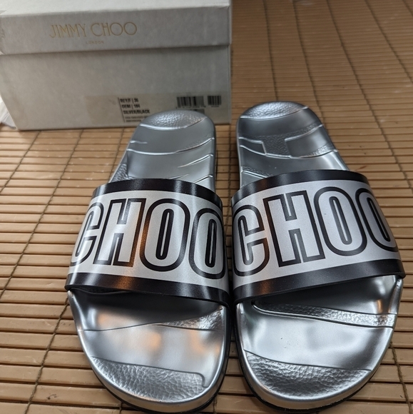 Jimmy Choo Rey/F women's sz  EU 36  US 5.5 Silver slide sandals thick footbed mo - Picture 2 of 12